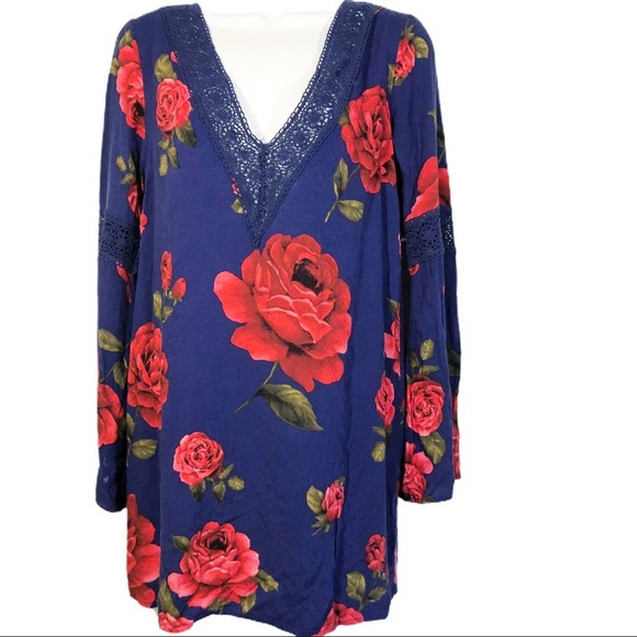Forever 21 Floral Print Long Sleeve Shift Dress Blue Red with Lace Size Small - Picture 2 of 8